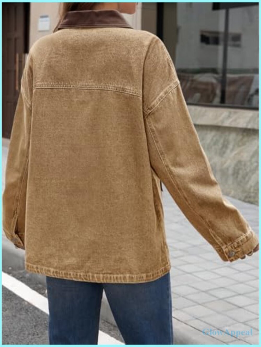 Oversized Denim Jacket Contrast Canvas Collar Button Down with Pockets - Picture 2 of 6